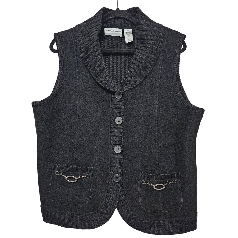 Alfred Dunner Y2K Dark Academia Black Wool Blend‎ Shawl Collar Sweater Vest PXL